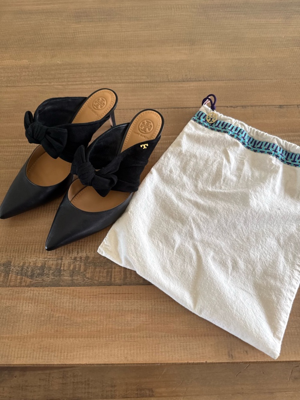 Tory Burch Eleanor Black Mule w/ Heel and Bow Detail